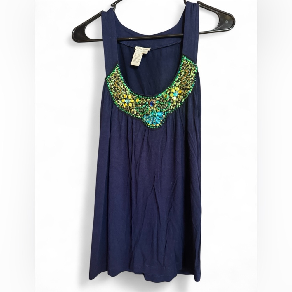 Boston Proper Colorful Jeweled Neckline Navy Tank Top